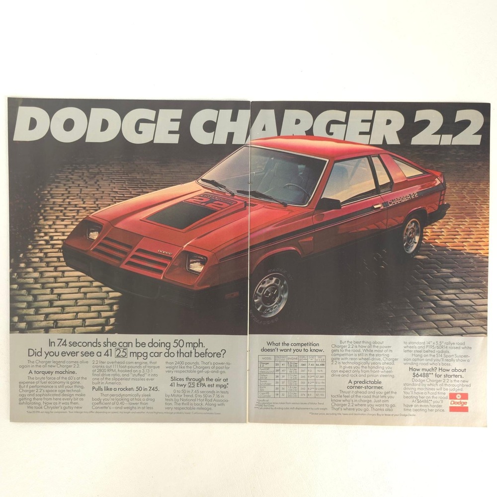 1981 Dodge Charger 2.2 Print Ad Coupe Vintage Mopar Promo Garage Wall Art Decor